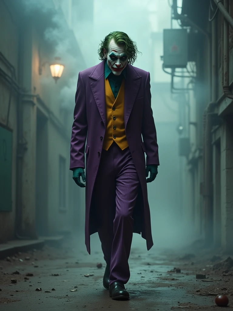 joker sad walking, Sad theme,background smoke, real joker realistic