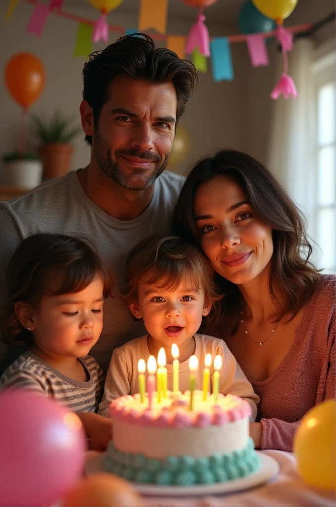 With AI make a photo of two people with features of Henry Cavill and Negin Mirsalehi she has brown hair. And with their children, a three-year-old boy with black hair down to his forehead, celebrating his birthday, and also with a one-year-old female child, A baby