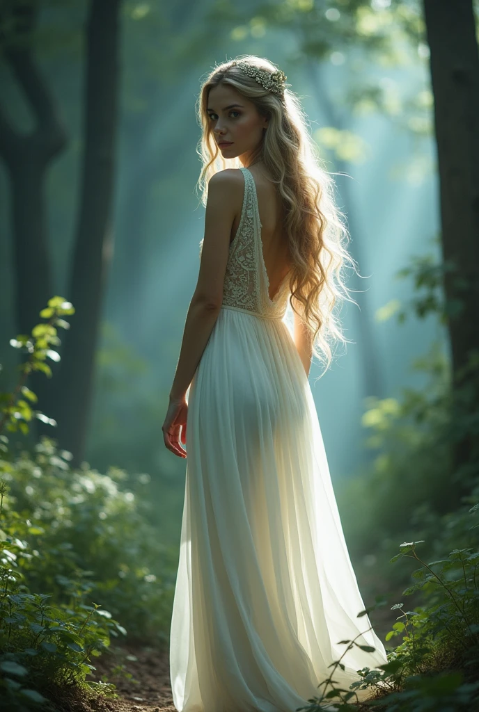 Arabian style image of a woman in a white dress standing in the forest, a stunning young Mysterious figure, FairyCG協会, Mysterious angelic being of light, A shining angelic presence, Mysterious!!!, Beautiful depiction, Be enchanted by the spirits of nature, Beautiful fantasy art, very Beautiful fantasy art, White glowing aura, Mysterious!!!!!!!, Fairy, Mysterious fantasy, 森のFairy
