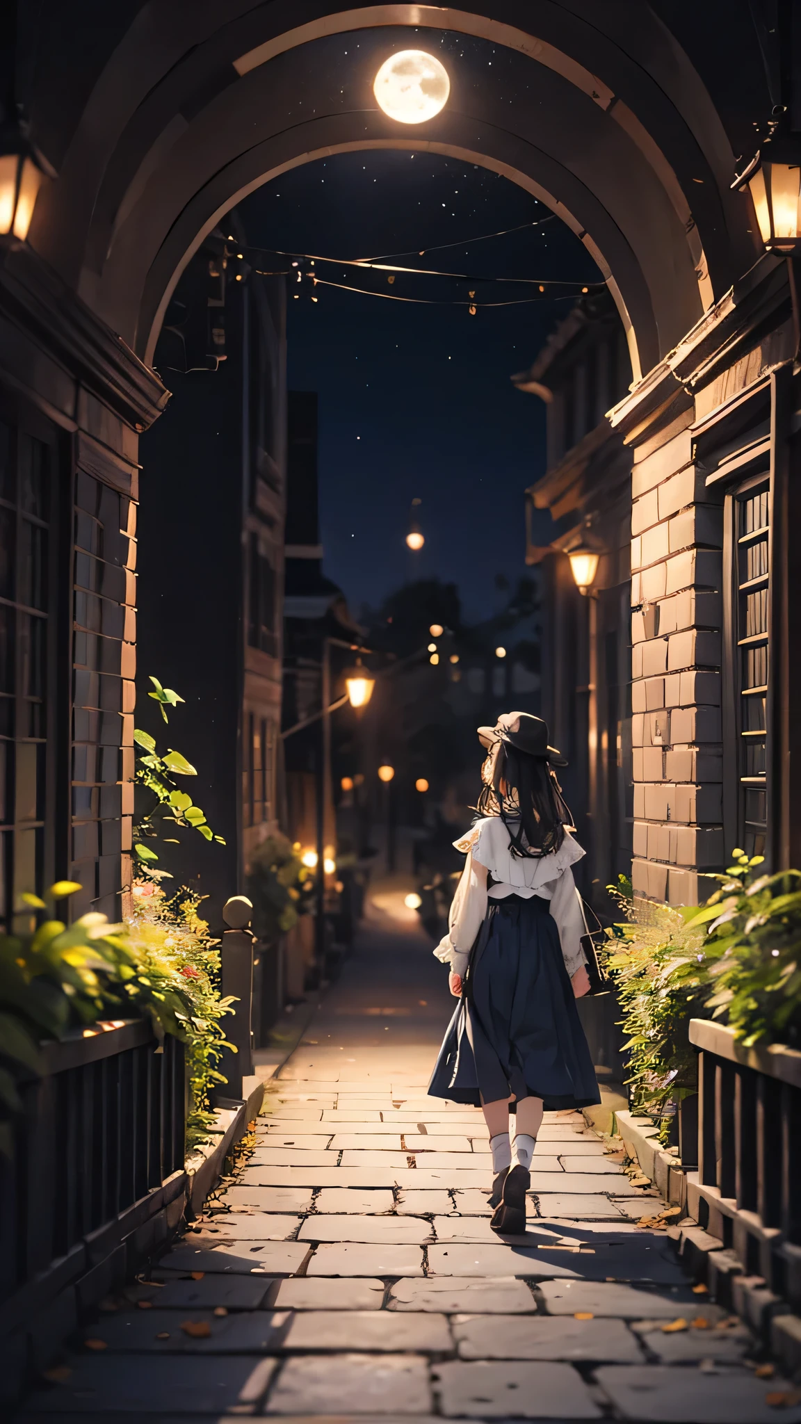 A dark-haired girl walking through a castle garden on a full moon night,