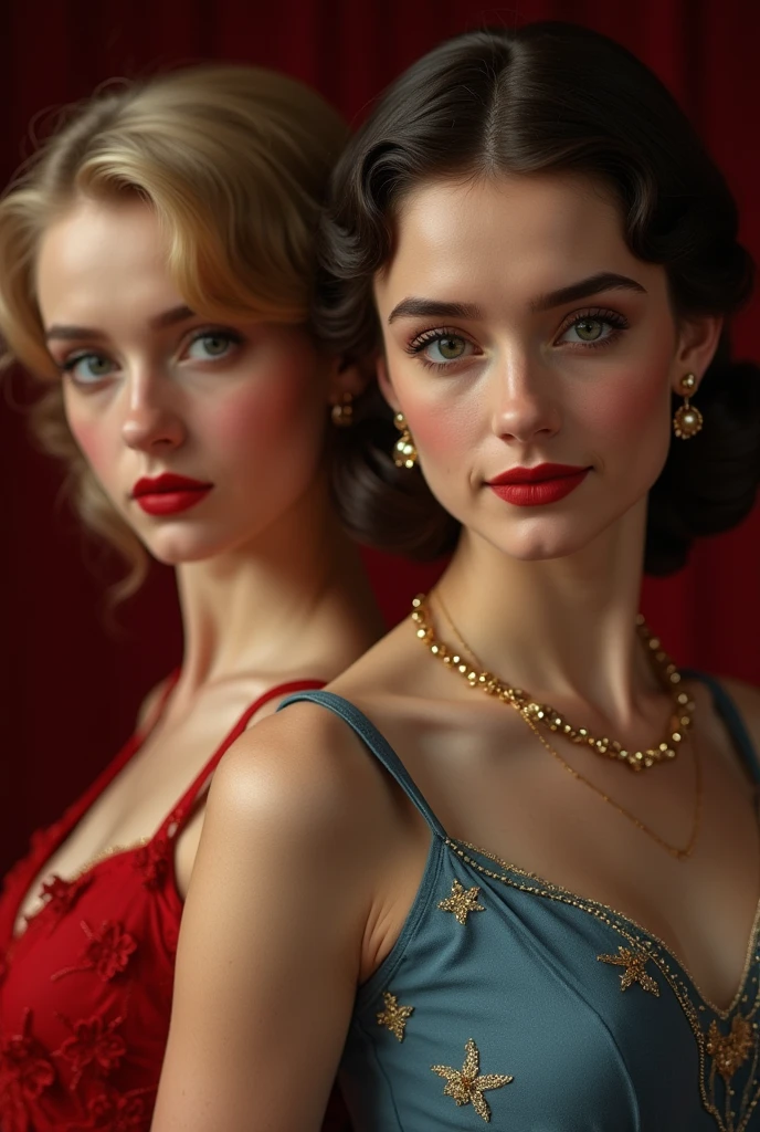 Front view, looking at viewer, 1939 years, Gone with the memories, Beautiful  American White girl sisters born in Japan, 23 and 22 years old, Hollywood movie actress, (Olivia is dark brown hair chignon ),(Olivia is glamor body, 1930 year's old fashion, Red dress ,gold earring and neckless), (John is blond hair, middle strait hair, small lip),(normal body, 1930 year's old fashion , Blue dress, gold earring and neckless), Two sisters, front theater,  in Hollywood , textured skin , HI detailed skin, (foreshortening, Canon, uhd, anatomically correct,  super detail, high details, highness)