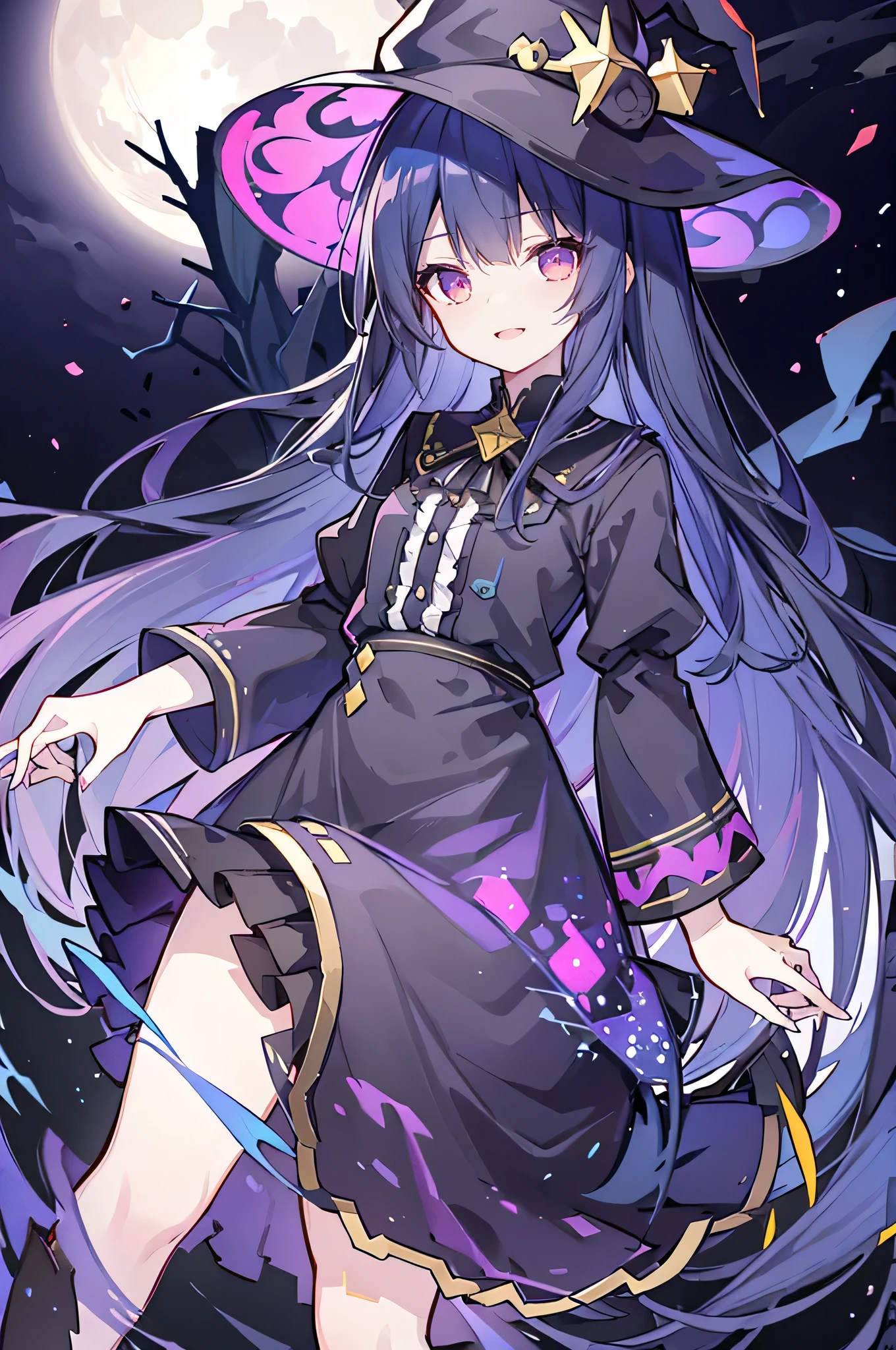 oung Girls,Humanity,A magician always smiles,big witch hat,cute,dark blue long hair,The eyes are dull,The bangs are heavy,Thin eyebrows,fantasy,intake,Double teeth,Star Theme,Constellation pattern,Solid color clothetal decoration,cloak,A bit of a dark atmosphere,A little crazy smile,When the big moon shines outside at night,blood,Hair black star embellishment,Short tie,No nails,High waist skirt,Bell sleeves,Long-sleeved shirt,Black tie,low risk,gentlemen。Mist、Yellow and white effect，Shocking pink as an accent color