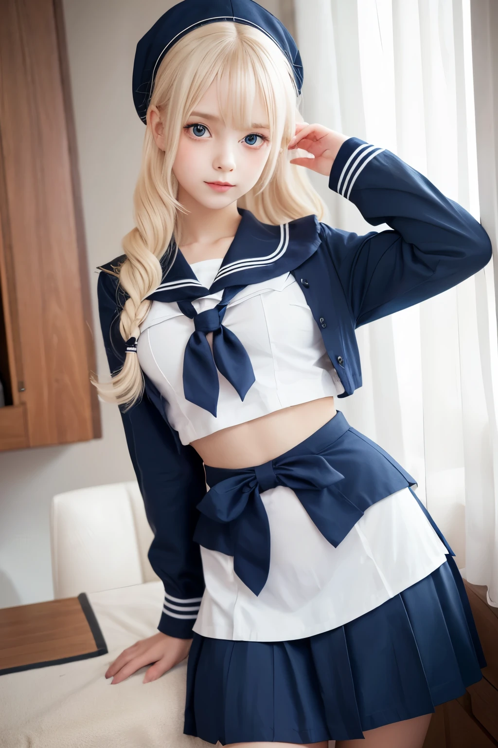 A beautiful girl with a German, innocent, lolita-like face, long wavy platinum blonde hair, wearing a sailor uniform with a belly button showing, , big eyes