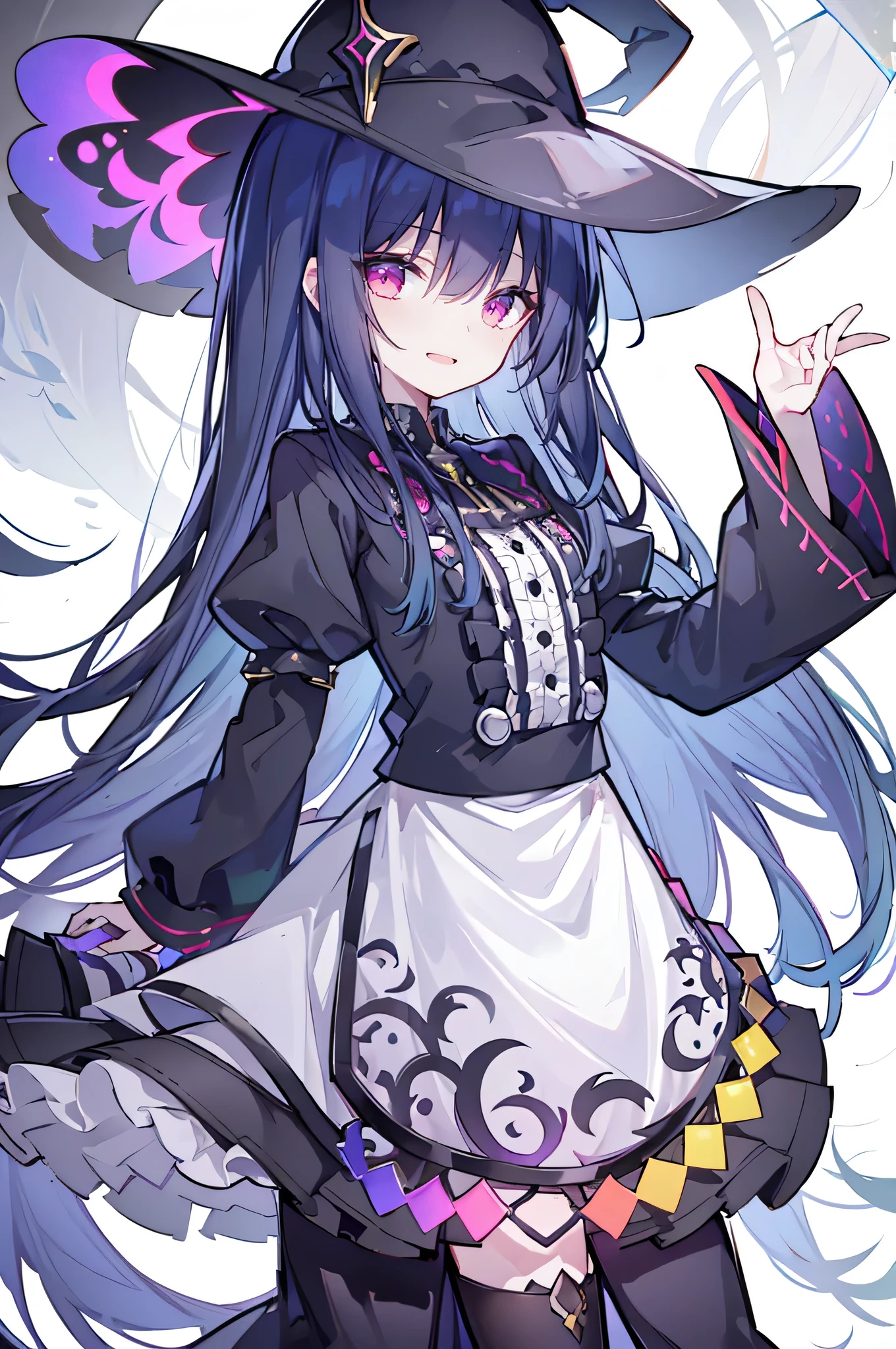 oung Girls,Humanity,A magician always smiles,big witch hat,cute,dark blue long hair,The eyes are dull,The bangs are heavy,Thin eyebrows,fantasy,intake,Double teeth,Star Theme,Constellation pattern,Solid color clothetal decoration,cloak,A bit of a dark atmosphere,A little crazy smile,When the big moon shines outside at night,blood,Hair black star embellishment,Short tie,No nails,High waist skirt,Bell sleeves,Long-sleeved shirt,Black tie,low risk,gentlemen。Mist、Yellow and white effect,Shocking pink as an accent color