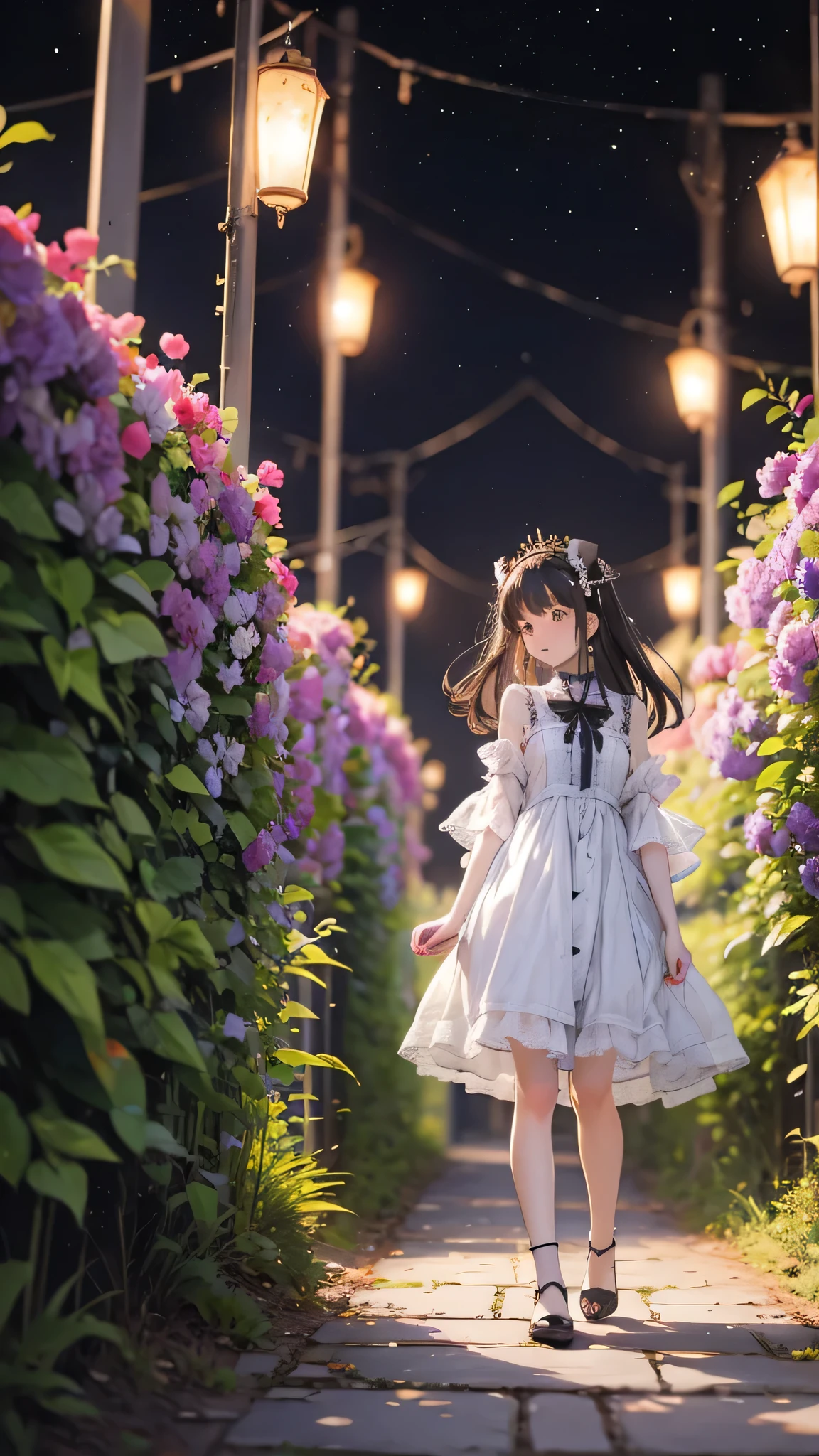 A dark-haired girl walking through a castle garden on a full moon night,