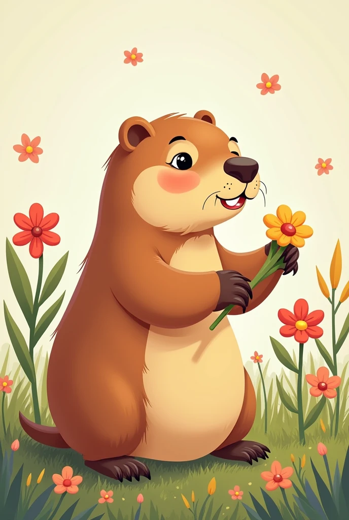 An animated capybara weaving flowers or anything without a background