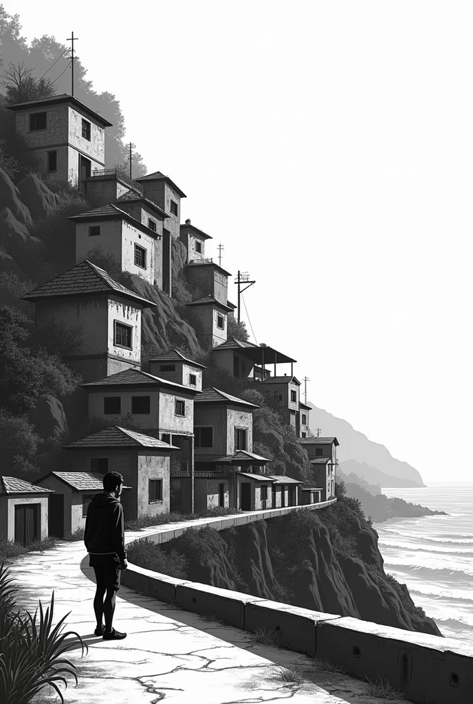 favela morro vector p&b with a person in front of the coast