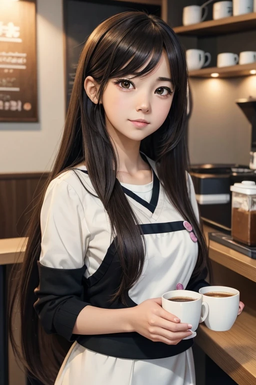 there is a woman that is holding a cup of coffee, anime girl in real life, realistic young anime girl, portrait of cute anime girl, cute natural anime face, kawaii realistic portrait, realistic anime 3 d style, cute kawaii girl, attractive anime girl, photorealistic anime, mysterious coffee shop girl, young anime girl, cute anime girl, anime girl with long hair