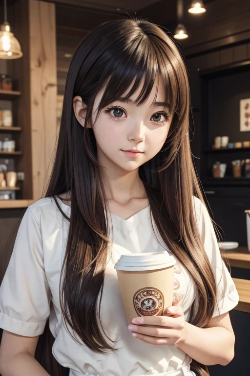 there is a woman that is holding a cup of coffee, anime girl in real life, realistic young anime girl, portrait of cute anime girl, cute natural anime face, kawaii realistic portrait, realistic anime 3 d style, cute kawaii girl, attractive anime girl, photorealistic anime, mysterious coffee shop girl, young anime girl, cute anime girl, anime girl with long hair