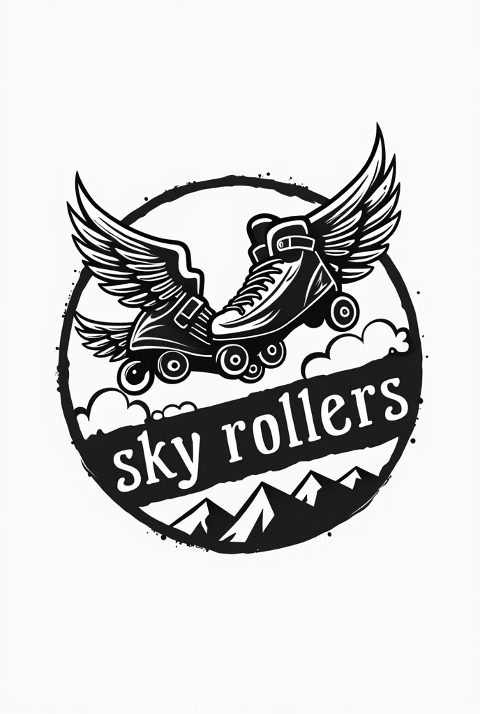 Create a black and white logo with inline skates, above the sky or with wings and with the legend "sky rollers"
