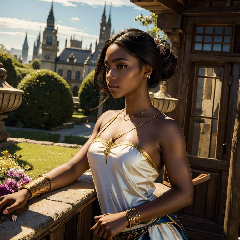 (masterpiece, best quality:1.5), highest quality, High resolution, super detailed, realisti, Full body photo of African women, detailed and beautiful eyes, beautiful detailed lips, very detailed eyes and face, longeyelashes, Women in purple long satin dress. Beautiful and colorful makeup, elegant and noble々Pose, jewels, Gardens as background Soft daylight, bright colors, fine brushstrokes, Portrait style, beautiful color palette, glowing skin, First-class rendering, that captures every detail, enchanting atmosphere, subtle shadows and lights, (perfect anatomy:1.2), (magnificent panorama view:1.2)