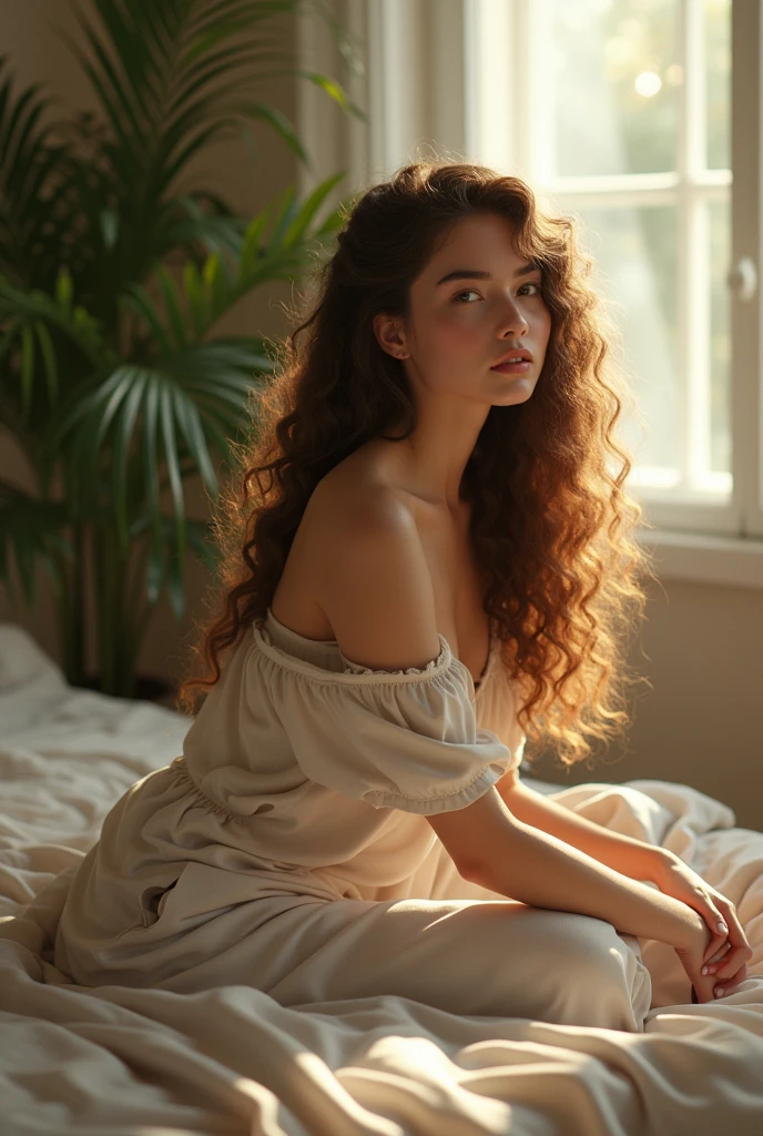 (photorealism:1.2), beautiful woman, sitting on bed, wearing loose off-shoulder top, pajama pants, long curly hair, indoors, soft lighting, plants in background, window with sunlight, cozy room, relaxed pose, realistic, intricate details, warm colors, by Greg Rutkowski, by Alphonse Mucha