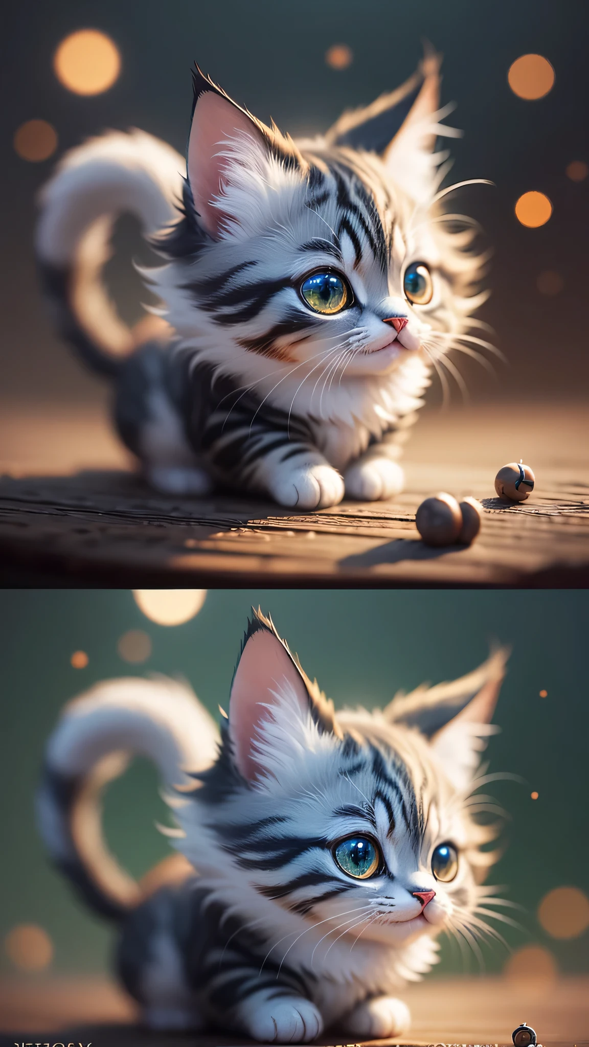 Cute little surreal cat、Munchkin、Adorable and fluffy、Cinematic Lighting Effects、Charm、very cute、Fantasy art、Bokeh、Digital Painting、Soft lighting、4K resolution、 Photorealistic Rendering、Very detailed、A realistic masterpiece、Professional photography、