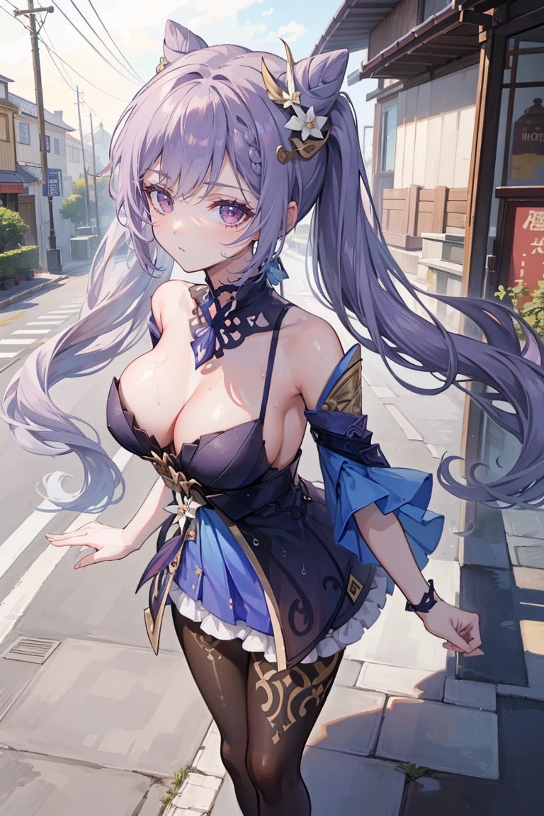 (masterpiece)1 girl, Keqing, Genshin Impact, best quality, Expressive eyes, Perfect face, full-body shot, Smile, blush, , outdoors,, Watching ,, Watching at viewer, , Mood lighting,Long legs,street,Sexy Lingerie,Damp clothes,Cleavage,Wet,Standing,butt,nipple