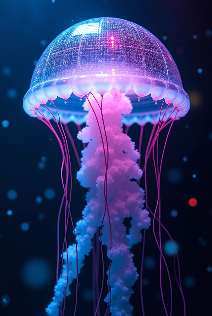 A jellyfish with a dome shaped like a disco ball, reflecting fractals of light. Tentacles are fiber optic strands pulsing with rhythmic colors. Swimming through an underwater nightclub scene. Vaporwave aesthetic with retro 80s color scheme and glitch art elements.