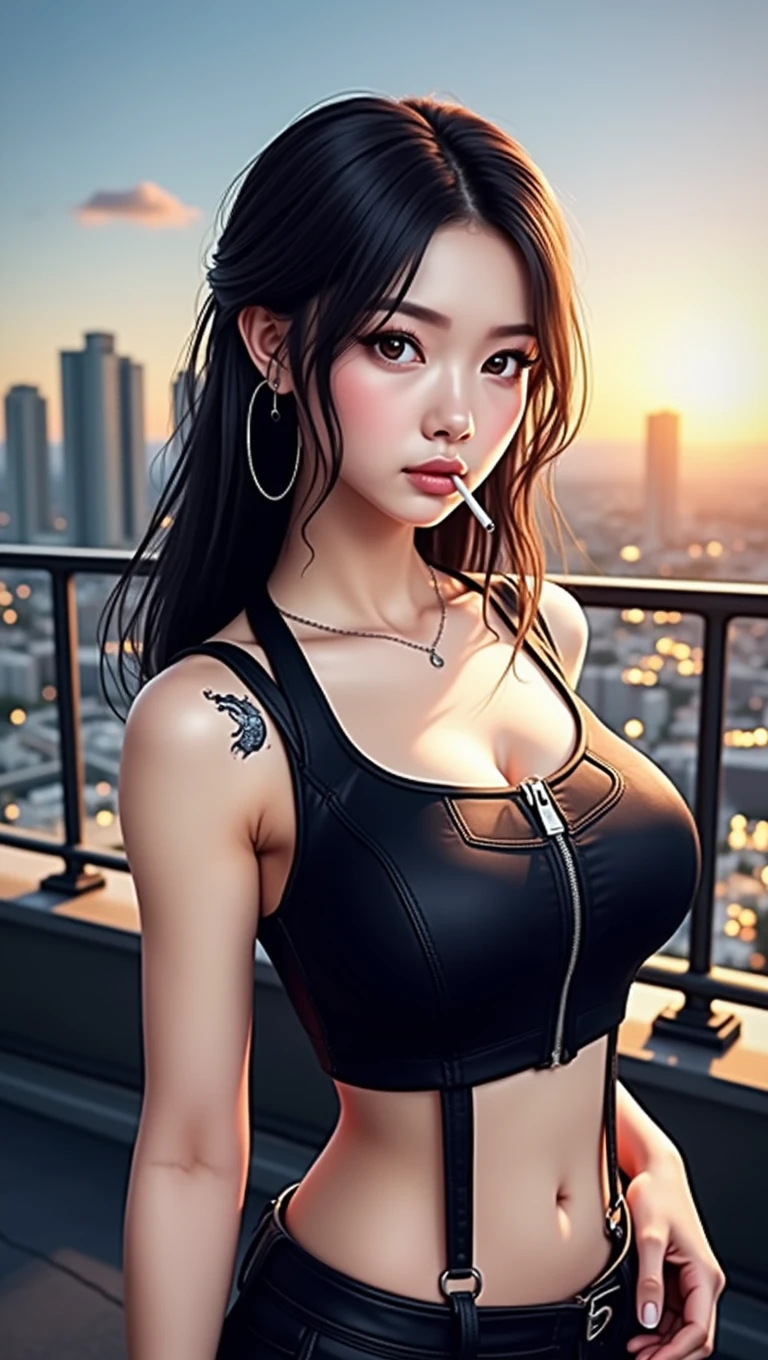 best quality, high quality, ultra quality, 8k, masterpiece, detailed, extremely detailed, insanely detailed, ultra detailed, ultra highres ,exquisite,
lifelike Images,cinematic experience,UHD picture,Realistic,photorealistic,hyperrealistic,vivid,RAW photo,shot by DSLR, One girl, (black leather jacket:1.3), white tank top, black leather pants, cyberpunk city,Long straight black hair,Glaring at me,Midnight,Left hand in pocket,Smoking a cigarette