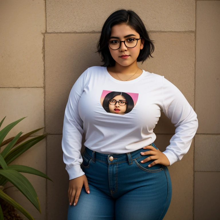 beautiful detailed, cute face, short, guanajuato , slightly chubby, short black hair, black hair over one eye, glasses, long sleeve T-shirt, long pants, pearshaped wide hips with thick thighs, solo, voluptuous round hips.