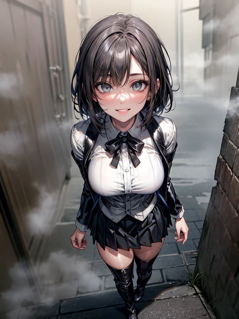 (Biologically correct limb count), (Masterpiece, Highest quality, Highest quality, 8k:1.2) ,Detailed eye depiction, (Full body, including face), Focus on the face, Well-proportioned facial features, Beautiful woman, (Latex shirt, Black jacket, Black tight skirt), (Grin), looking at the camera, walking, (Thigh-high boots), (Thick fog all around, Gray street:1.5), Two women with short hair and vertical curls, Low - Angle