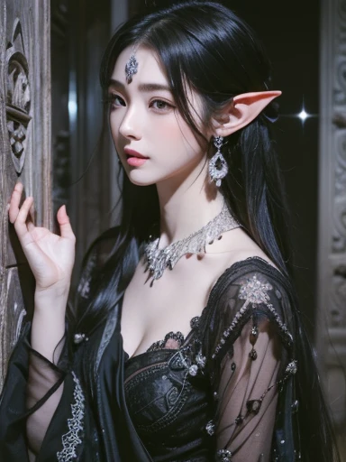 A mysterious (1girl) sorceress emerges from the depths of the shadows wearing an elaborate robe woven with intricate arcane symbols. Dim moonlight and stars glitter overhead. Her eyes shine with mystery and the depth reflecting a millenia of knowledge, clavicle、earrings、necklace、dark black hair、silver grey delicate eyes, double eyelid, necklace、20generation、all black hair flowing and blending into the surrounding darkness、elf ears、serious expression