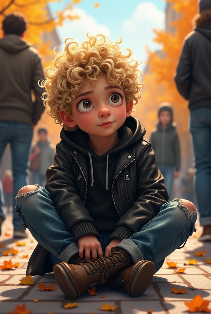 Elementary school boy、Curly Hair、blonde、Black Riders Jacket、hoodie、denim、Dr. Martens、Sit at the meeting、Street、autumn