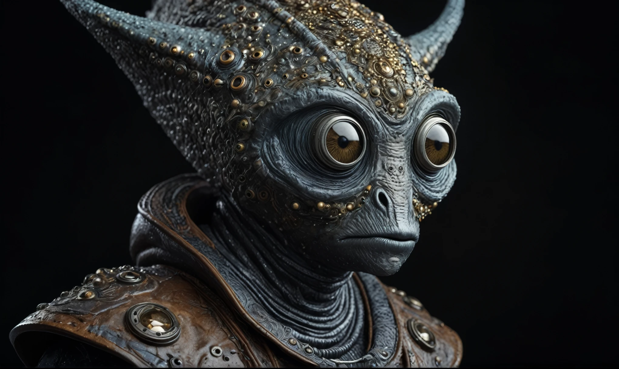 full body length shot,nerd graphite  Alien Entity,native africa ,azctec Finnish Lapland,Cinematic,soft colors, Technicolor,natural skin textures, hyper realism, hyper detailed,Extremely detailed,High contrast,Masterpiece,Realistic,Ultra Detailed, intricate details,realistic humid leather,extremely intricate details,Epic Realistic, cinematic style, irina yermolova,high contrast,hdr,extremely detailed, [deep night landscape],masterpiece, intricate details, eyes extremely detailed, high detailed eyes,8k resolution,retina, Nikon Z9,Korea,orc,Egypt, Pisces, transition between two art styles,full body length, Double contact, X-ray, Creative, vivid light, fantasy, Abstract, Surrealism, super detailed, high resolution,insanity national folk wear,skin  almost translucent, gothic elements,Mestichino,Light particles,chaos,starfish's leather,"(The best lighting, dark, dramatic), terror.),(fish eyes, insane whith a Big ONE a Only Eye ,USSR style, and helmet Style,  camouflage brown grey Rusty, Ambient in a meteorite crater super detailed, 