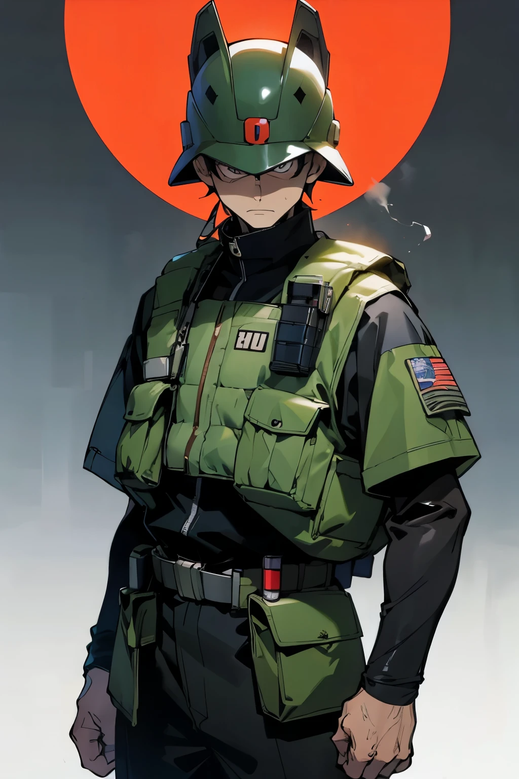 by Ken Sugimori, sugimori 1990s, ((only 1man)), adult, camoflauge uniform, backpacker, survivalist, bullet proof vest, scowling, helmet, misty wisps in the background, supernatural, ninja weapons ((hands behind their back)), full black pupils, manga, best quality, highly detailed, clean lines, cowboy shot, good hands, good eyes, hd, 8k, professional, symmetrical, hires, 8k,