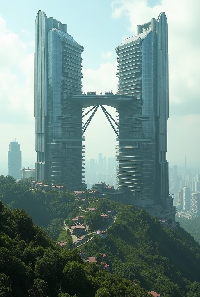2 futuristic skyscrapers connected by bridges to each other, located on a hill, surrounded by green areas, and small homes, generating contrast between the urban environment and the skyscrapers