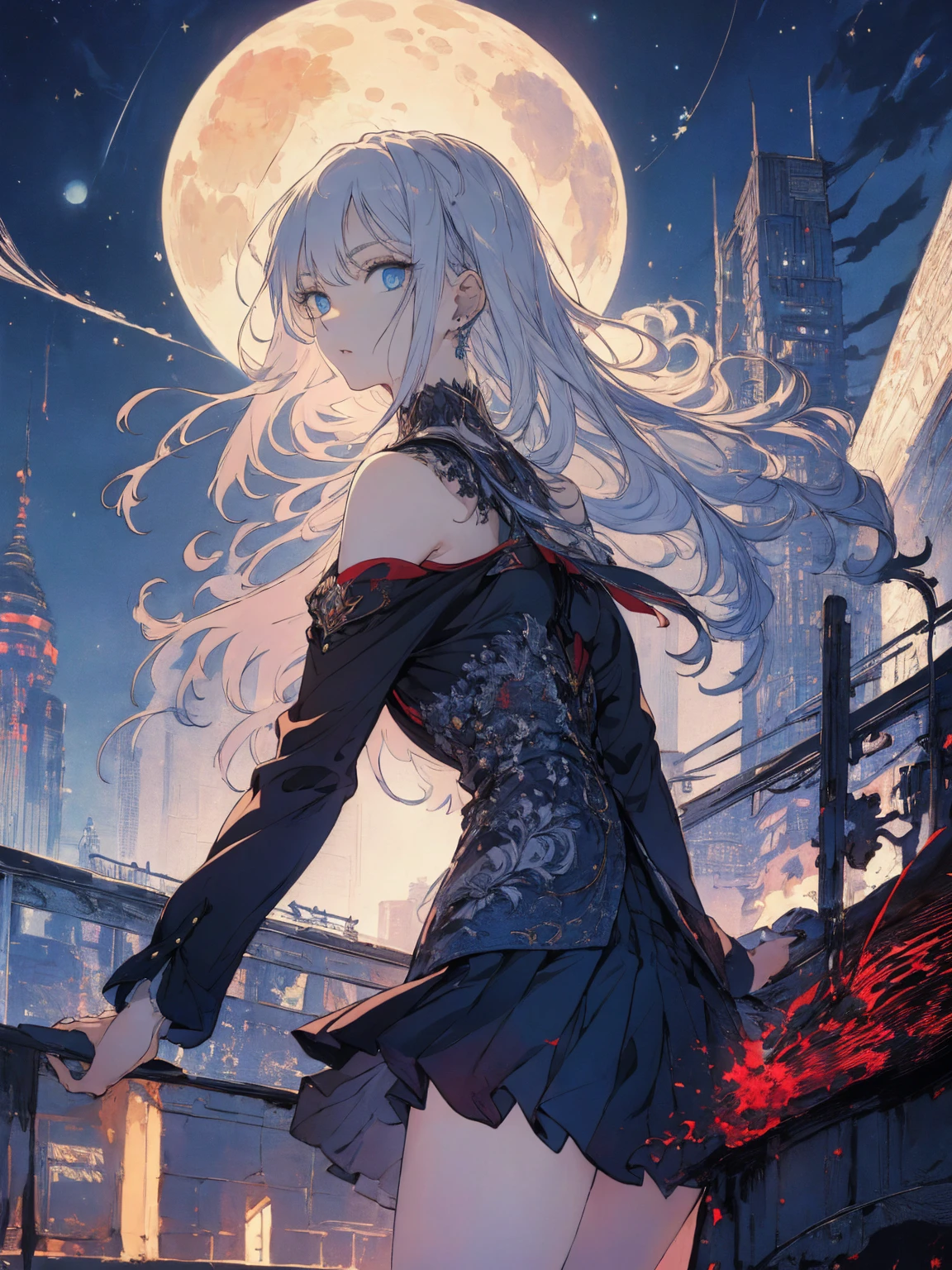 ((masterpiece)), ((best quality)), ((best illustration)), ((ultra-detailed)),((photorealistic color)), 1 lady, solo, teenager, absurdly long hair, silver hair, straight hair, ((blue eyes)), ((hyper detailed eyes)), ((hyper detailed face)), gloomy face, lonely, looking at viewer, business suit, off shoulder, sleeveless, ((miniskirt)), bare legs, thin body, thin arms, long arms, standing, cowboy shot, side view, rooftop, skyline, urban, night, moonlight, backlight