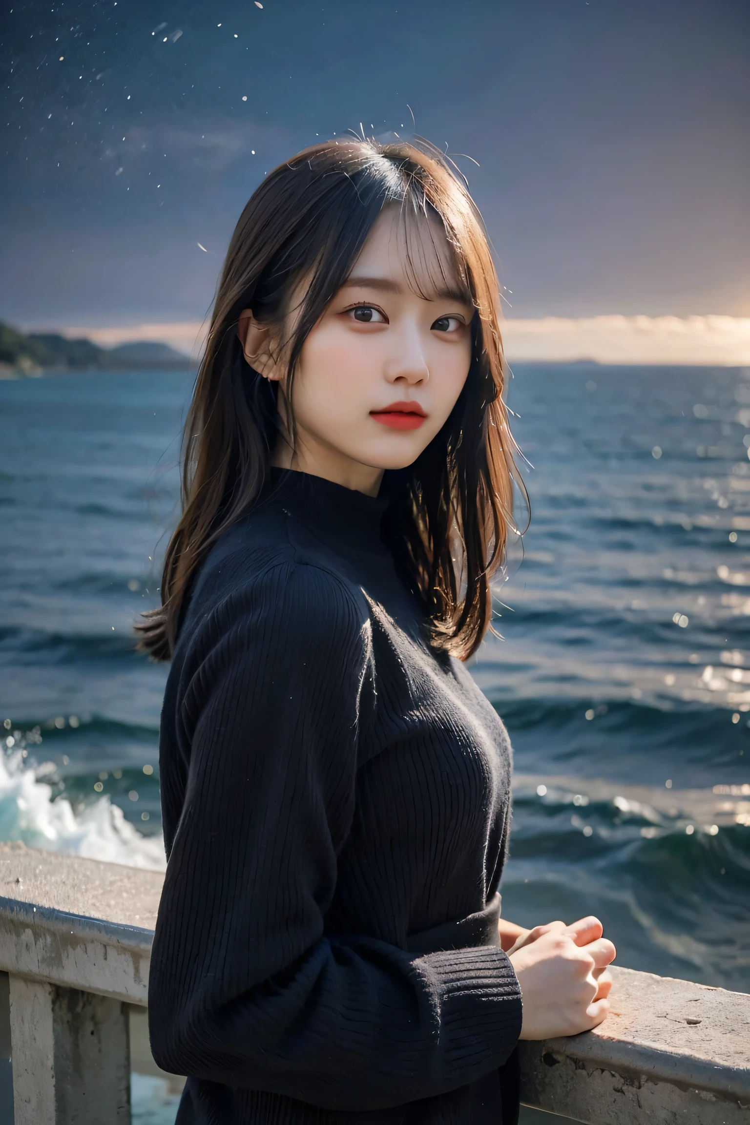 A woman conductor stands on a cliff, facing an ocean. Instead of an orchestra, she's conducting the elements - waves rise and fall, clouds swirl, and aurora lights dance to her movements. Her 'baton' is a glowing stream of stardust. Musical notes float in the air, transforming into birds and sea life. Her hair and clothes flow dramatically in the wind. Use a rich, deep color palette with bioluminescent accents. Combine realistic nature photography with fantastical digital painting.