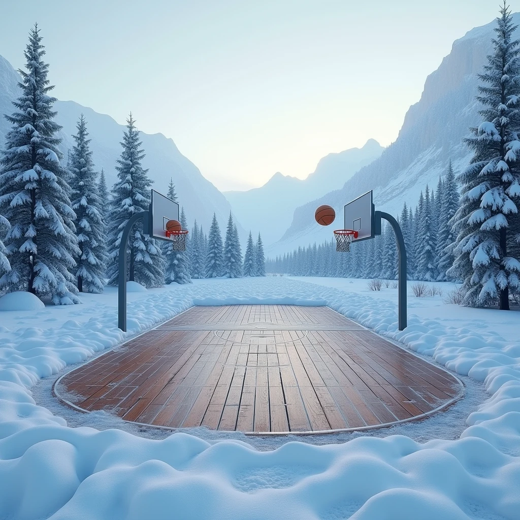 A basketball court at the North Pole with icy mountains in the background and trees all around. An NBA-style court with a wooden floor in the middle of a frozen region., the court appears to be unaffected by the freezing weather around it and as if it were well maintained, High definition image