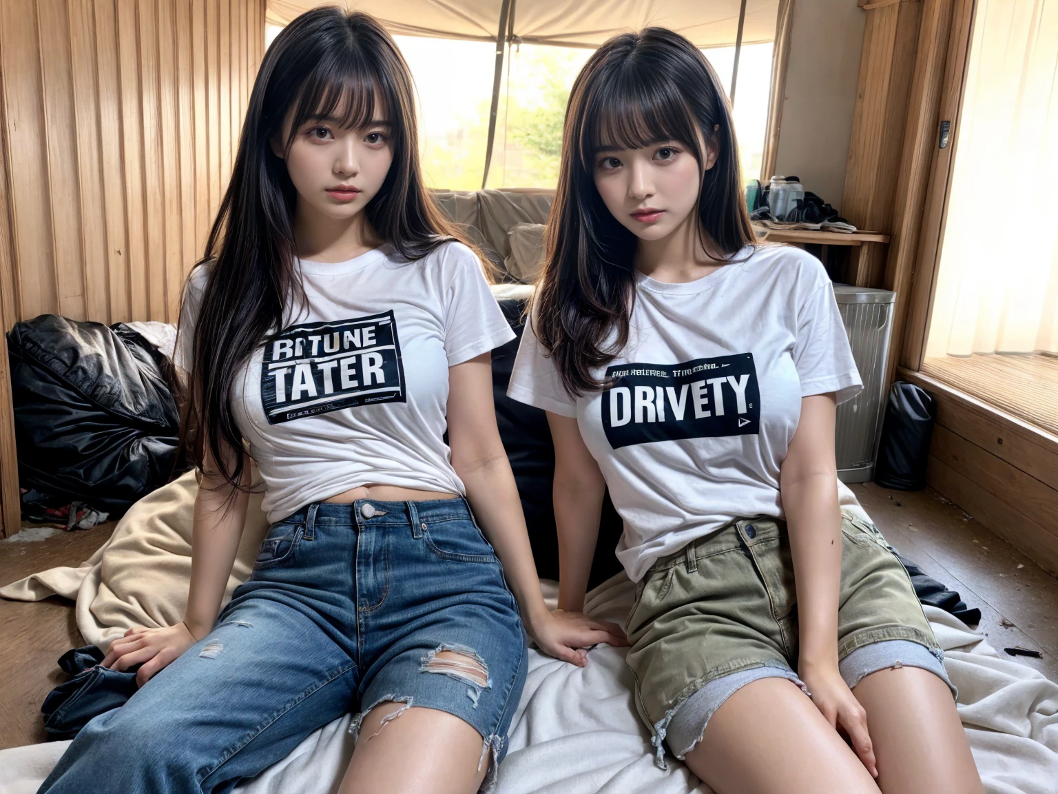 masterpiece, best quality, illustration, Super detailed, fine details, High resolution, 8K,wall paper, perfect dynamic composition,(Details High quality, realistic depiction of eyes:1.3), (2 girls), Tattered clothes, (The collapsed room), (Inside the barrack tent), (wearing a tattered and dirty t-shirt.:1.1), Wearing baggy pants, dirty body, (Messy long hair), black hair color, Big Natural Color Lip,  crying a little、Harajuku style、20 year old girl、cute type、lolita, Gravure Idol, full body photo、focus on crotch, huge breasts
