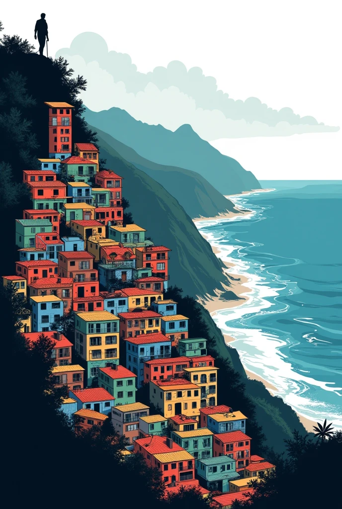 brazilian favela hill vector p&b with a person in front of the coast