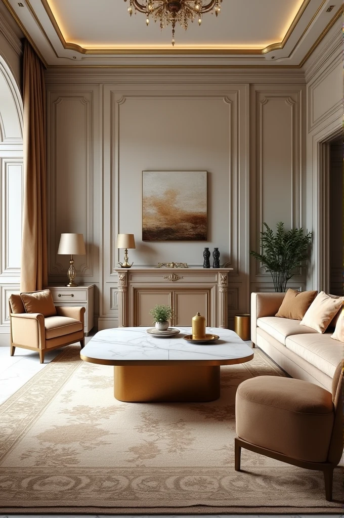 Professional 3d architecture rendering design of modern and  gold French design for living room  with elegant wooden and white marble slab stone middle table with elegant French chairs and silk Persian carpet and elegant curtains and clothes wall and showing complete 