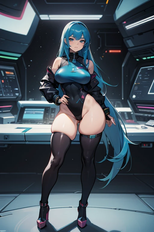 Cyberpunk, very wide hips, thick thighs, platform heels, high cut leotard, space girl, huge breast, thin waist, tight stockings, long lace hair,