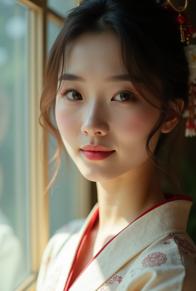 An elegantly dressed Japanese woman in natural light、A close-up of her chest and calm expression.、It shows her inner peace and outer charm.。