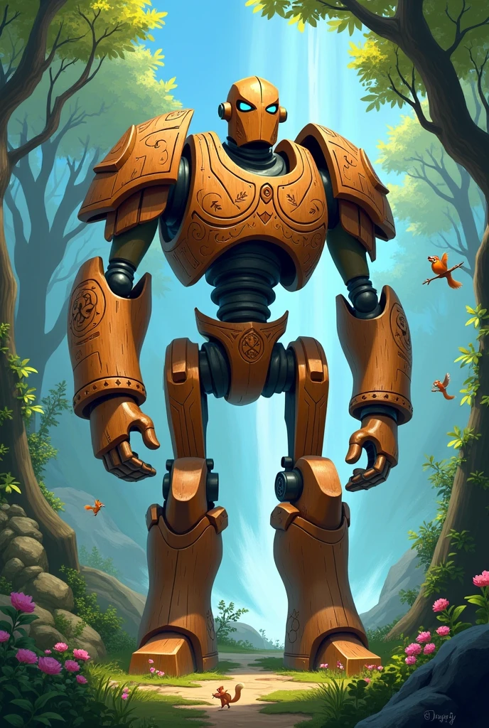 Warforged druid robust wooden robot no hair in the style of 2d disney