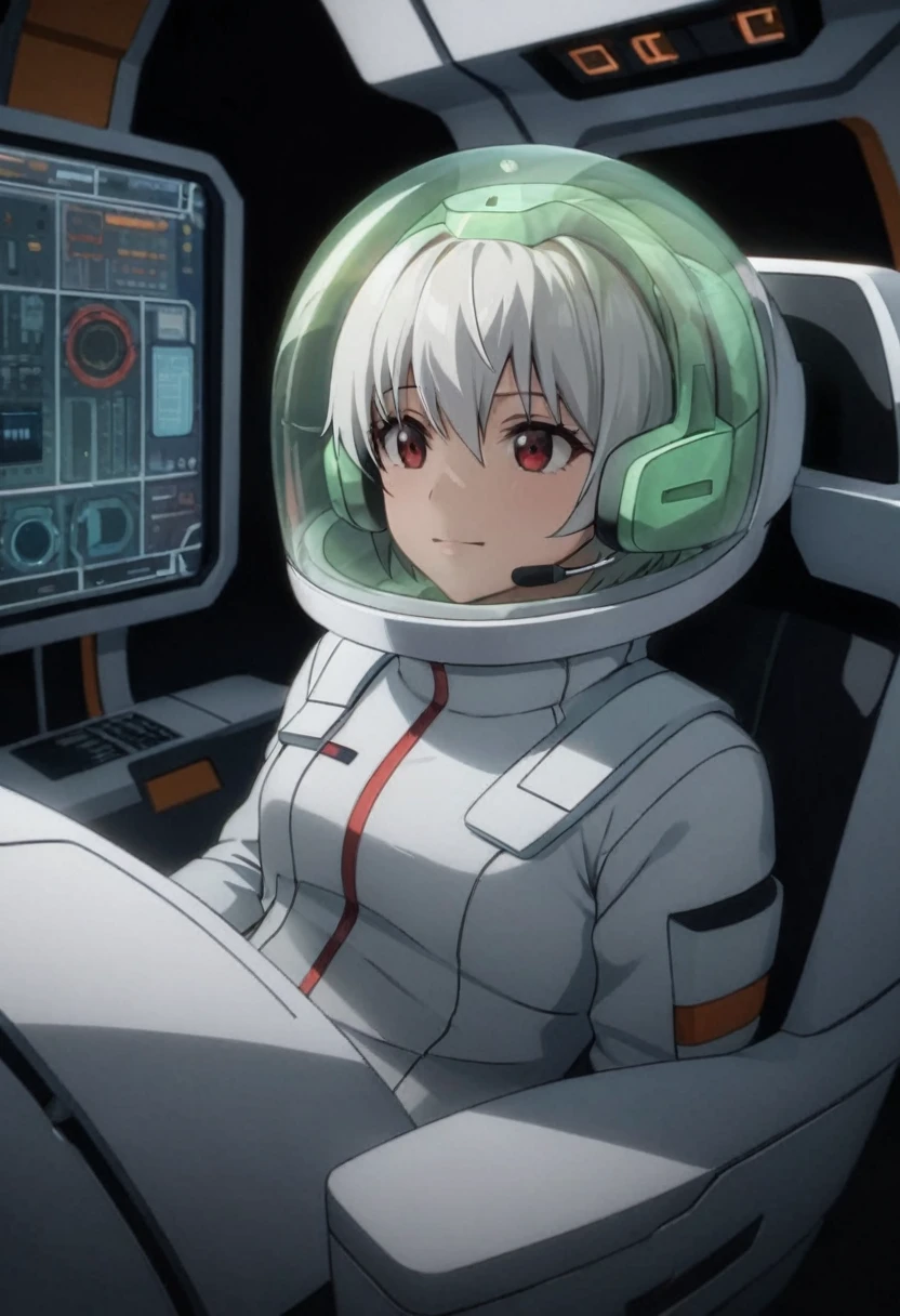 eva helm, spacesuit , astronaut), bubble helmet, space helmet, (1girl:1.1) wearing a (spacesuit:1.15), white cargo pants, (ugh, wtf do these buttons do:1.3), inside the cockpit of a (futuristic spaceship:1.1), sitting in the captains chair, (intricate control panels:1.3), (gleaming metal:1.1), surrounded by many buttons and dials and gauges, (confused:1.3), (worried expression:1.1), (nervous:1.1), concerned, beautiful 8k wallpaper, highly advanced, (sleek design:1.3), intricate, highres, superb, 8k wallpaper, extremely detailed, intricate, short hair, from side, smile, full body,headsets:1.5), from above, white hair, red eyes, bronya