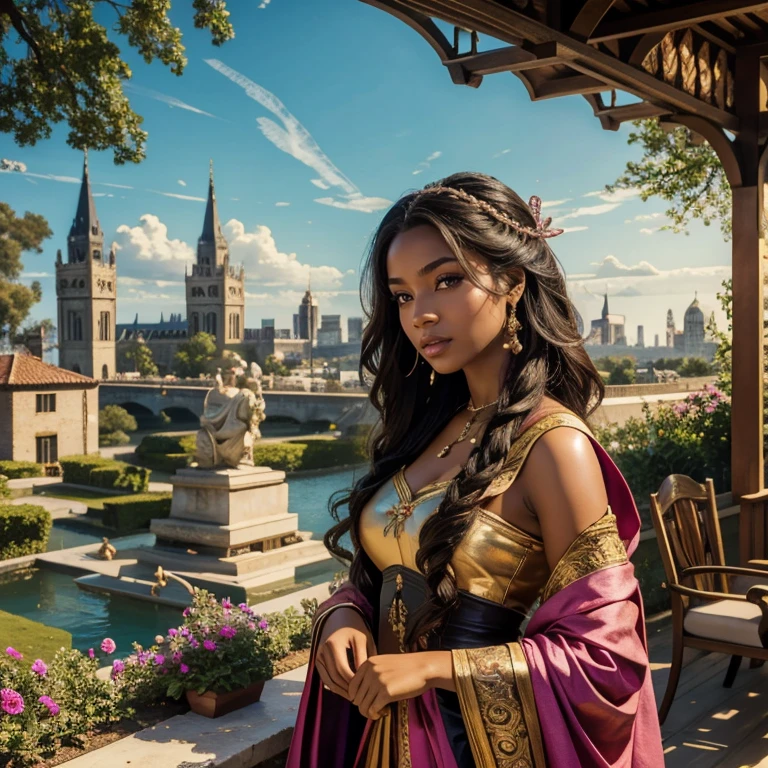 (masterpiece, best quality:1.5), highest quality, High resolution, super detailed, Realists, Upper body photo of a black female archer, black skin, detailed and beautiful eyes, beautiful detailed lips, very detailed eyes and face, longeyelashes, Archer in long dress made of shiny pink satin, Simple details in the fabric. Beautiful and colorful makeup, open hair, Gardens as background, bright daylight, bright colors, fine brushstrokes, Portrait style, beautiful color palette, glowing skin, First-class rendering, that captures every detail, enchanting atmosphere, (perfect anatomy:1.2), (The stunning archer holds a bow. (magnificent panorama view:1.2)