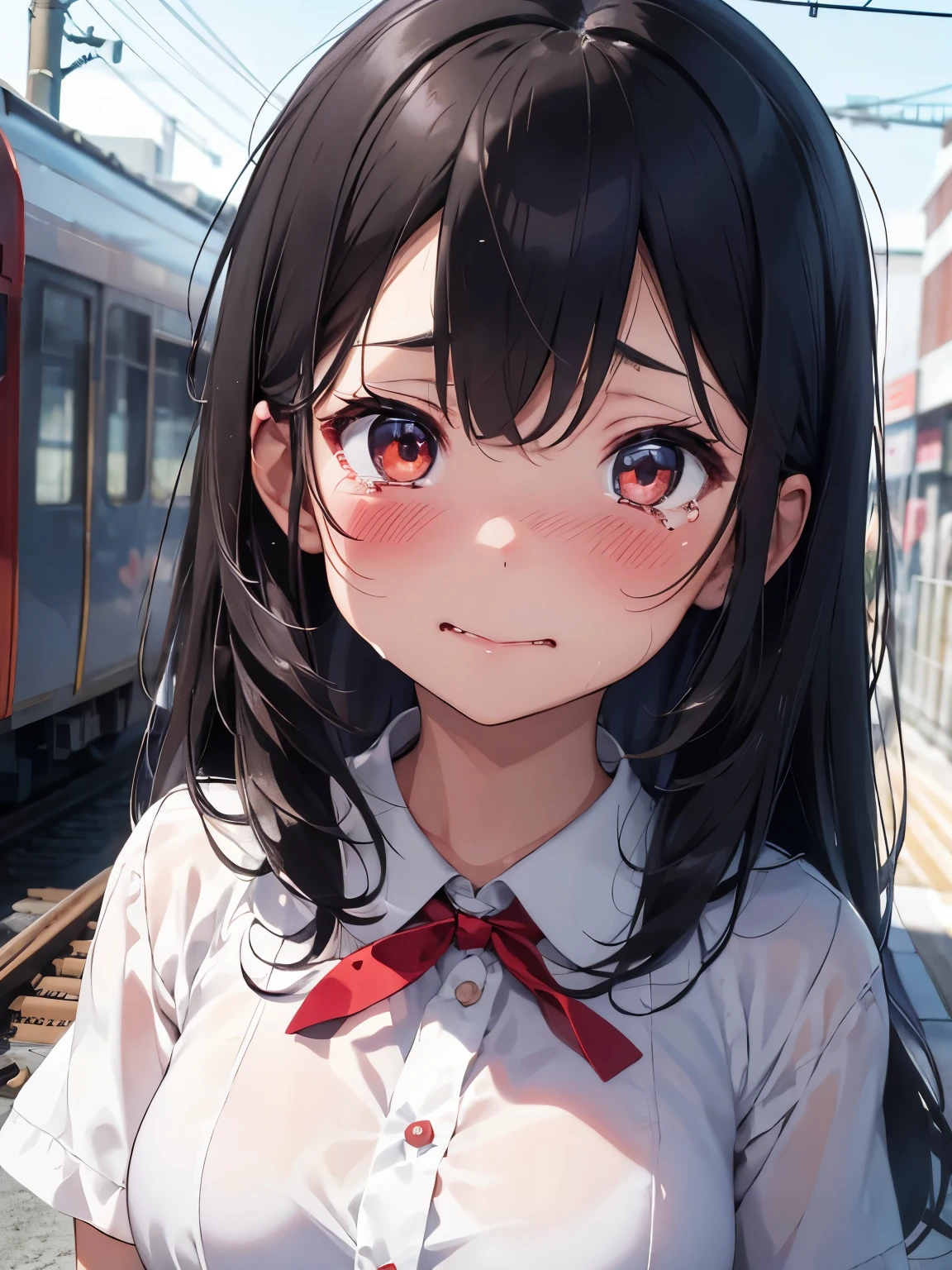 Japanese girl, closeup-face, Crying, Are crying, Cry, Tears flow, Big tears, Medium-long black hair, White blouse, Red ribbon around neck, Station platform, shy, red cheek, blush, nose blush, embarrassed