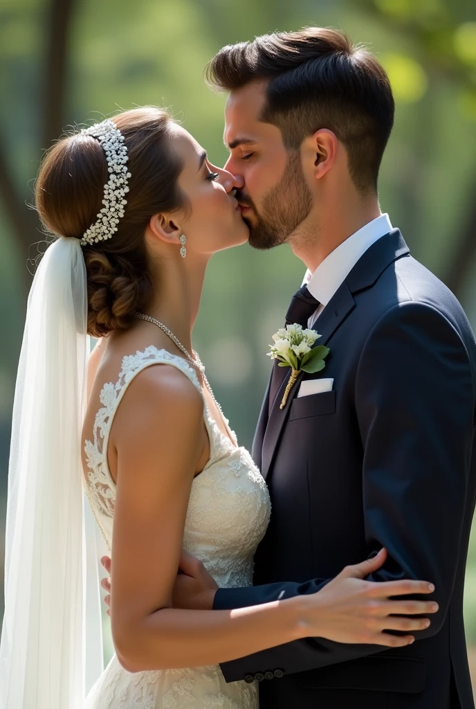 Marriage of a woman and a man. Woman dressed as a bride and man in suit and tie. The two kissing 