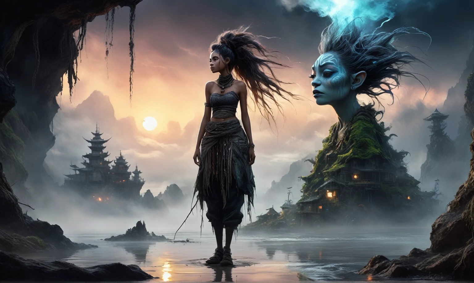 view from height,full-body-shot,obsidian The Alien Entity Moana, sassiness temper,hyper realisitc, hyper detailed,Extremely detailed,High contrast, ,Realistic,Ultra Detailed,intricate details,realistic humid skin,extremely intricate,Epic Realistic, Romantic, cinematic style,irina yermolova, messy hair,orc's village of fishers,full body length,mother-of-marble,ominous landscape,floating islands on background in dangerous atmosphere,sunset, a Tim Burton-inspired dreamscape,Bun Hair,(Folk clothes:1.5),full body length,niobium goblin,native africa ,once pretty face,eyebrow up,full body shot,ominous landscape,niobium gray atmosphere,photo,photorealism,Masterpiece,hyper natural skin textures, hyper realism,hyper detailed,High contrast,Realism,Ultra Detailed,irina yermolova,close full body shot,32K resolution,Nikon Z9, ,demonic fog, smoke, audience, mist, featuring ultra-realistic and hyper-realistic elements, Marta Bevacqua, Ellen Jewett, Kawacy, Katsuya Terada, Carne Griffiths,concert lighting, bokeh, luminal space that feels both bright and surreal. Includes liquid fluid elements for added depth and movement. Rendered in an unreal engine and post-processed to achieve . Evokes a sense of dreamy, ethereal and mystical mood,horror pixar movie still,thriller disney movie ,pixar render, animated ,suicide,psychiatric clinic, insane fantasy