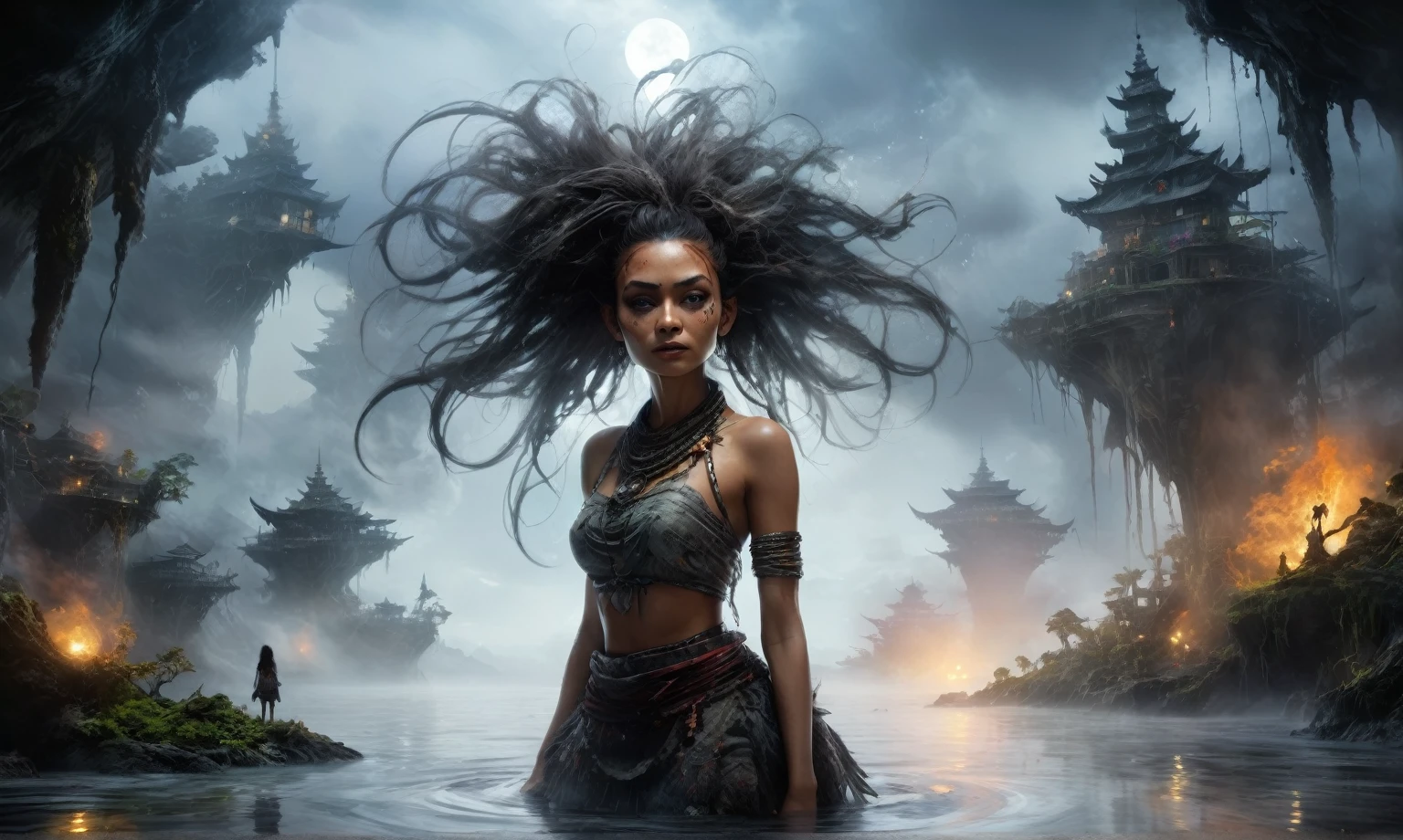 view from height,full-body-shot,obsidian The Alien Entity Moana, sassiness temper,hyper realisitc, hyper detailed,Extremely detailed,High contrast, ,Realistic,Ultra Detailed,intricate details,realistic humid skin,extremely intricate,Epic Realistic, Romantic, cinematic style,irina yermolova, messy hair,orc's village of fishers,full body length,mother-of-marble,ominous landscape,floating islands on background in dangerous atmosphere,sunset, a Tim Burton-inspired dreamscape,Bun Hair,(Folk clothes:1.5),full body length,niobium goblin,native africa ,once pretty face,eyebrow up,full body shot,ominous landscape,niobium gray atmosphere,photo,photorealism,Masterpiece,hyper natural skin textures, hyper realism,hyper detailed,High contrast,Realism,Ultra Detailed,irina yermolova,close full body shot,32K resolution,Nikon Z9, ,demonic fog, smoke, audience, mist, featuring ultra-realistic and hyper-realistic elements, Marta Bevacqua, Ellen Jewett, Kawacy, Katsuya Terada, Carne Griffiths,concert lighting, bokeh, luminal space that feels both bright and surreal. Includes liquid fluid elements for added depth and movement. Rendered in an unreal engine and post-processed to achieve . Evokes a sense of dreamy, ethereal and mystical mood,horror pixar movie still,thriller disney movie ,pixar render, animated ,suicide,psychiatric clinic, insane fantasy