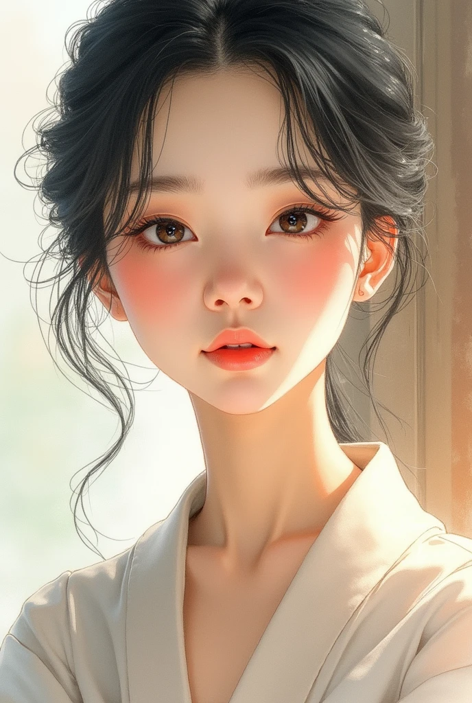An elegantly dressed Japanese woman in natural light、A close-up of her chest and calm expression.、It shows her inner peace and outer charm.。Watercolor