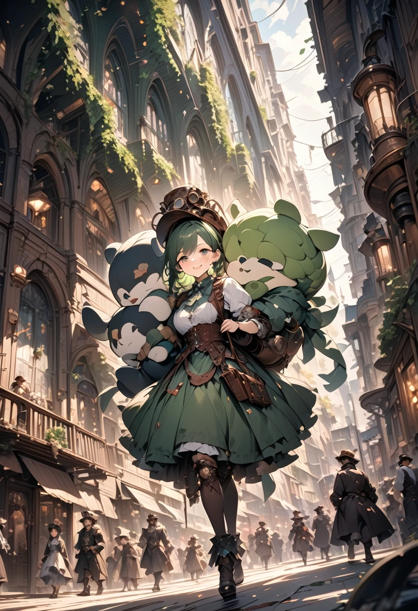 (steampunk style:1.3),A Fairly huge stuffed animal is walking, a woman is being carried on her back,A big smile,fun,(rembrandt lighting:1.4),lens flare,
Artistic, memorable masterpieces, moments in history,(fantastical and mesmerizing scenery),(deepgreen tone:1.2)
(masterpiece:1.2),(best quality:1.2),intricate details, newest, ai-generated,Watercolor:1.3, Muted Tone, Delicate, Detail, Masterpiece,
Playing with stuffed animals,dynamic angle, dynamic pose,
cute doodle