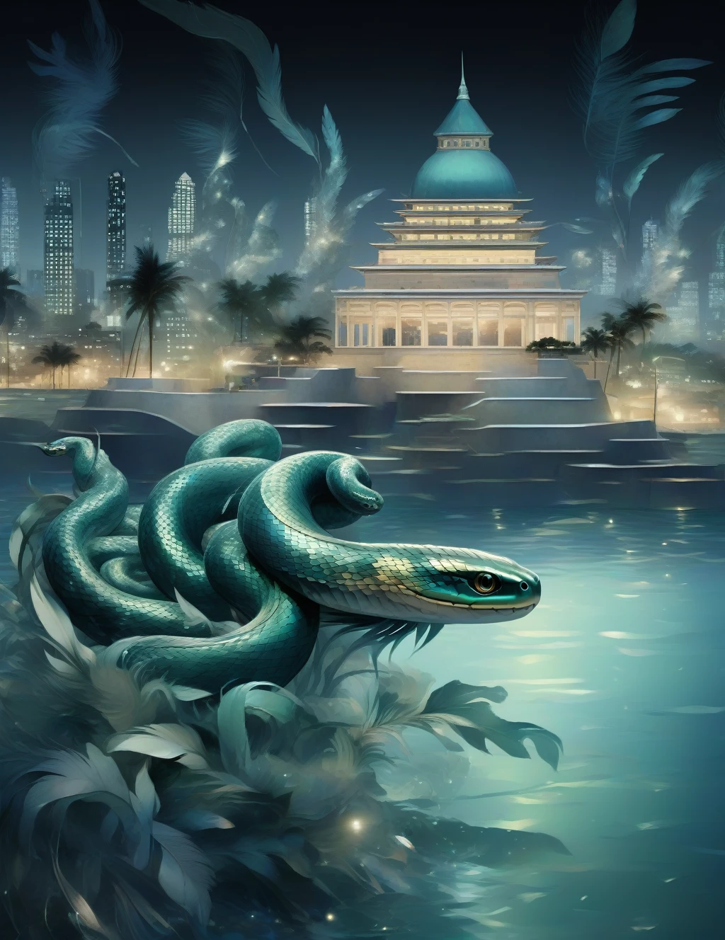 night,building,Sea都市,Little snake,Transparent feathers,Iridescent Feathers,dark,Sea