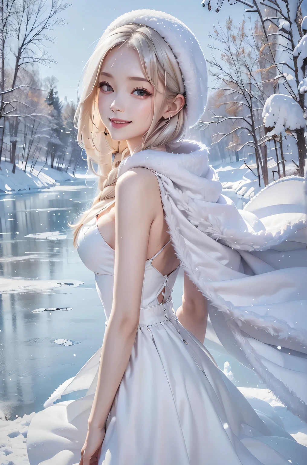(the upper body:1.5).masterpiece、Highest quality、1 girl, winter, platinum blonde hair, Cute girl, smile, close mouse, medium breasts, sideboob:1.2, white dress, winter clothes, long skirt, Fur coat、Small waist、Thin legs、outdoors, front of the lake, snow falling, Prayer Pose, join hands, from backside:1.5, look back:1.6, face, style