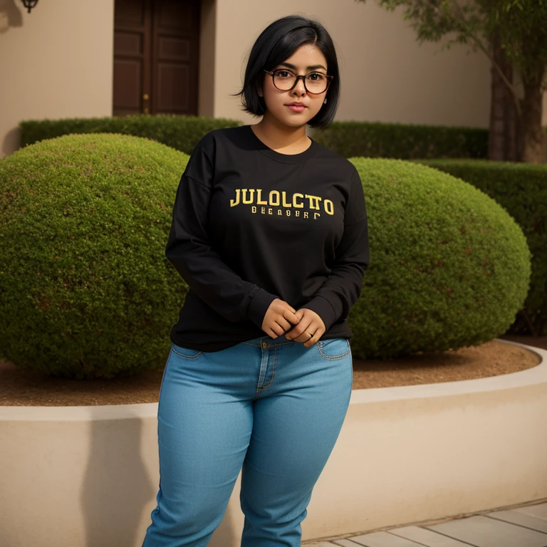 Full body photo, beautiful detailed, cute face, short, Guanajuato teen, slightly chubby, short black hair, black hair over one eye, glasses, long sleeve T-shirt, long pants, pearshaped wide hips with thick thighs, solo, voluptuous round hips.