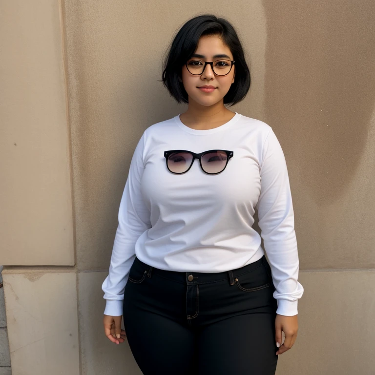 Full body photo, beautiful detailed, cute face, short, Guanajuato teen, slightly chubby, short black hair, black hair over one eye, glasses, long sleeve T-shirt, long pants, pearshaped wide hips with thick thighs, solo, voluptuous round hips.