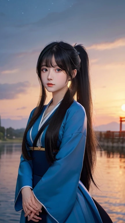1Girl, Beautiful, Perfect Body, Perfect Breast, Very Long Hair, Pure Black Hair, Hime Cut, Ponytail, Blue Eye, Shrine Maiden Dress, Nights, Masterpiece, Front Fancing, ((Potrait:1.1))