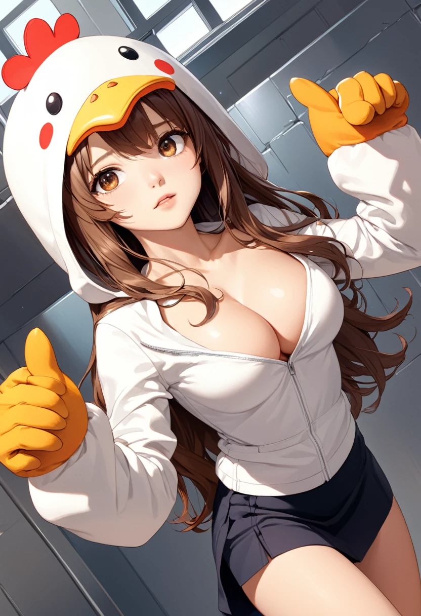 detailed illustration, dynamic angle, ultra-detailed, illustration, 1girl, 18 year old, school girl, wavy brown hair, long hair, bright brown eyes, cleavage, medium breasts, chicken costume